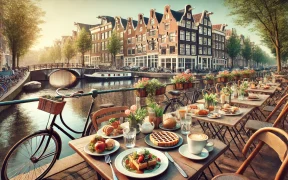 Scenic outdoor café in Amsterdam by a canal with bicycles and Dutch townhouses, featuring brunch items like croissants, pancakes, avocado toast, and coffee