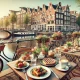 Scenic outdoor café in Amsterdam by a canal with bicycles and Dutch townhouses, featuring brunch items like croissants, pancakes, avocado toast, and coffee