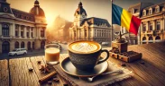 Beautifully crafted coffee cup with latte art on a rustic table, accompanied by a small Romanian flag, with Bucharest architecture in the background, creating a cozy and inviting atmosphere.