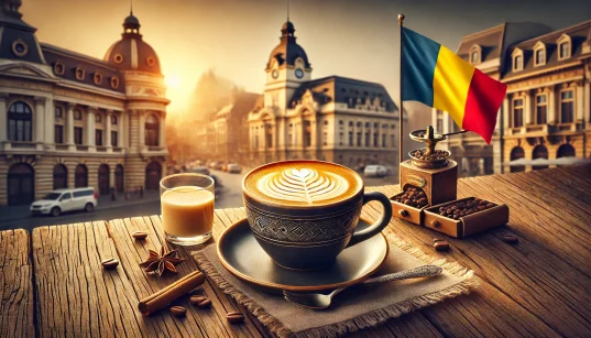 Beautifully crafted coffee cup with latte art on a rustic table, accompanied by a small Romanian flag, with Bucharest architecture in the background, creating a cozy and inviting atmosphere.