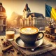 Beautifully crafted coffee cup with latte art on a rustic table, accompanied by a small Romanian flag, with Bucharest architecture in the background, creating a cozy and inviting atmosphere.