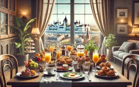 Beautifully set brunch table with dishes like eggs, pastries, fresh fruit, and coffee, with subtle hints of Budapest’s architecture in the background, creating a cozy and inviting atmosphere