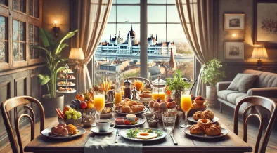 Beautifully set brunch table with dishes like eggs, pastries, fresh fruit, and coffee, with subtle hints of Budapest’s architecture in the background, creating a cozy and inviting atmosphere