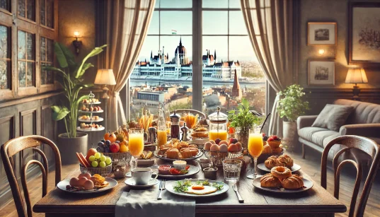 Beautifully set brunch table with dishes like eggs, pastries, fresh fruit, and coffee, with subtle hints of Budapest’s architecture in the background, creating a cozy and inviting atmosphere