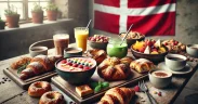 Brunch spread in Copenhagen with pastries, smoothie bowls, coffee, and the Danish flag subtly hanging in the background, perfect for a thumbnail.