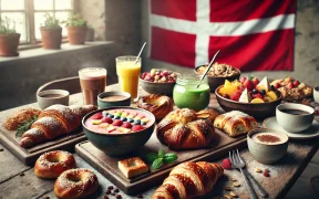 Brunch spread in Copenhagen with pastries, smoothie bowls, coffee, and the Danish flag subtly hanging in the background, perfect for a thumbnail.