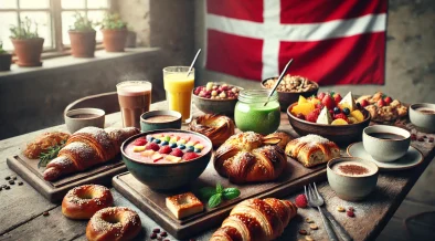 Brunch spread in Copenhagen with pastries, smoothie bowls, coffee, and the Danish flag subtly hanging in the background, perfect for a thumbnail.