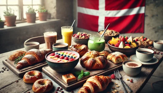 Brunch spread in Copenhagen with pastries, smoothie bowls, coffee, and the Danish flag subtly hanging in the background, perfect for a thumbnail.