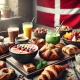 Brunch spread in Copenhagen with pastries, smoothie bowls, coffee, and the Danish flag subtly hanging in the background, perfect for a thumbnail.