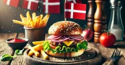 Delicious burger with crispy fries on a rustic wooden plate, featuring the Danish flag as a toothpick decoration, highlighting the best burgers in Copenhagen.