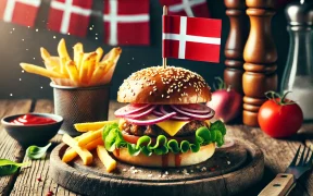 Delicious burger with crispy fries on a rustic wooden plate, featuring the Danish flag as a toothpick decoration, highlighting the best burgers in Copenhagen.