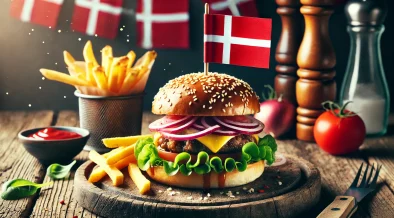 Delicious burger with crispy fries on a rustic wooden plate, featuring the Danish flag as a toothpick decoration, highlighting the best burgers in Copenhagen.