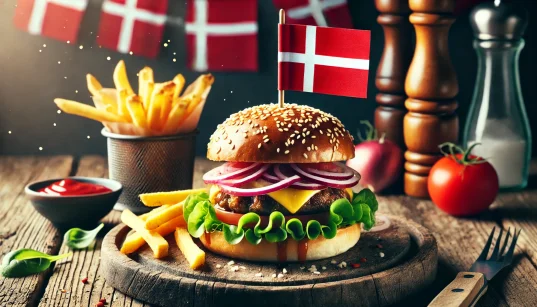 Delicious burger with crispy fries on a rustic wooden plate, featuring the Danish flag as a toothpick decoration, highlighting the best burgers in Copenhagen.