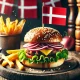 Delicious burger with crispy fries on a rustic wooden plate, featuring the Danish flag as a toothpick decoration, highlighting the best burgers in Copenhagen.