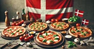 Delicious pizza spread with various toppings on a rustic wooden table, featuring the Danish flag as a decoration, perfect for highlighting the best pizza in Copenhagen.