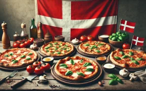 Delicious pizza spread with various toppings on a rustic wooden table, featuring the Danish flag as a decoration, perfect for highlighting the best pizza in Copenhagen.