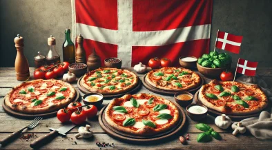 Delicious pizza spread with various toppings on a rustic wooden table, featuring the Danish flag as a decoration, perfect for highlighting the best pizza in Copenhagen.