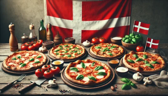 Delicious pizza spread with various toppings on a rustic wooden table, featuring the Danish flag as a decoration, perfect for highlighting the best pizza in Copenhagen.