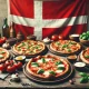 Delicious pizza spread with various toppings on a rustic wooden table, featuring the Danish flag as a decoration, perfect for highlighting the best pizza in Copenhagen.