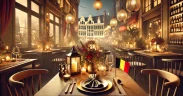 Elegant dining table with place settings, ambient lighting, and a small Belgian flag, set against iconic Brussels architecture, showcasing top restaurants in Brussels