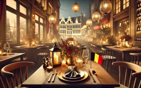 Elegant dining table with place settings, ambient lighting, and a small Belgian flag, set against iconic Brussels architecture, showcasing top restaurants in Brussels