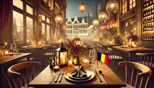 Elegant dining table with place settings, ambient lighting, and a small Belgian flag, set against iconic Brussels architecture, showcasing top restaurants in Brussels