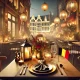 Elegant dining table with place settings, ambient lighting, and a small Belgian flag, set against iconic Brussels architecture, showcasing top restaurants in Brussels