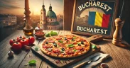 Freshly baked pizza with melted cheese and toppings on a rustic table, featuring the Bucharest city flag and subtle Bucharest architecture in the background for a cozy and appetizing look.