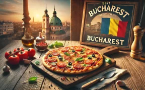 Freshly baked pizza with melted cheese and toppings on a rustic table, featuring the Bucharest city flag and subtle Bucharest architecture in the background for a cozy and appetizing look.