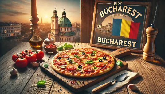 Freshly baked pizza with melted cheese and toppings on a rustic table, featuring the Bucharest city flag and subtle Bucharest architecture in the background for a cozy and appetizing look.