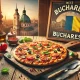 Freshly baked pizza with melted cheese and toppings on a rustic table, featuring the Bucharest city flag and subtle Bucharest architecture in the background for a cozy and appetizing look.