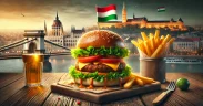 Gourmet burger with fresh toppings and crispy fries on a wooden board, with a small Hungarian flag nearby and Budapest’s skyline in the background, creating a cozy, appetizing look.