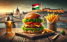 Gourmet burger with fresh toppings and crispy fries on a wooden board, with a small Hungarian flag nearby and Budapest’s skyline in the background, creating a cozy, appetizing look.