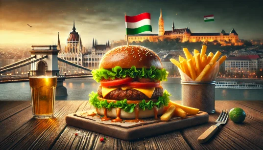 Gourmet burger with fresh toppings and crispy fries on a wooden board, with a small Hungarian flag nearby and Budapest’s skyline in the background, creating a cozy, appetizing look.