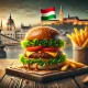 Gourmet burger with fresh toppings and crispy fries on a wooden board, with a small Hungarian flag nearby and Budapest’s skyline in the background, creating a cozy, appetizing look.