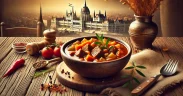 Hearty bowl of Hungarian goulash with meat, vegetables, and spices on a rustic table, with Budapest’s architecture subtly in the background, creating a cozy, traditional atmosphere.