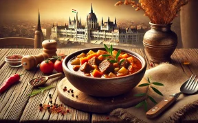 Hearty bowl of Hungarian goulash with meat, vegetables, and spices on a rustic table, with Budapest’s architecture subtly in the background, creating a cozy, traditional atmosphere.