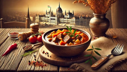 Hearty bowl of Hungarian goulash with meat, vegetables, and spices on a rustic table, with Budapest’s architecture subtly in the background, creating a cozy, traditional atmosphere.