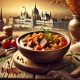 Hearty bowl of Hungarian goulash with meat, vegetables, and spices on a rustic table, with Budapest’s architecture subtly in the background, creating a cozy, traditional atmosphere.