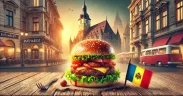 Juicy burger with fresh toppings on a rustic table, featuring a small Romanian flag and subtle Bucharest architecture in the background, creating a cozy and appetizing scene