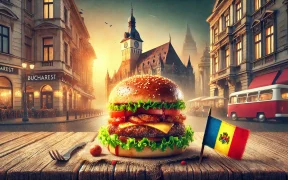 Juicy burger with fresh toppings on a rustic table, featuring a small Romanian flag and subtle Bucharest architecture in the background, creating a cozy and appetizing scene