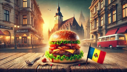 Juicy burger with fresh toppings on a rustic table, featuring a small Romanian flag and subtle Bucharest architecture in the background, creating a cozy and appetizing scene