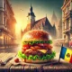 Juicy burger with fresh toppings on a rustic table, featuring a small Romanian flag and subtle Bucharest architecture in the background, creating a cozy and appetizing scene