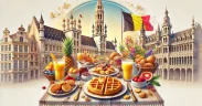 brunch table with Belgian waffles, pastries, and fresh fruit, set against Brussels architecture with a small Belgian flag in the background.