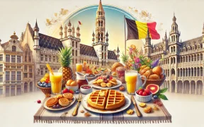 brunch table with Belgian waffles, pastries, and fresh fruit, set against Brussels architecture with a small Belgian flag in the background.