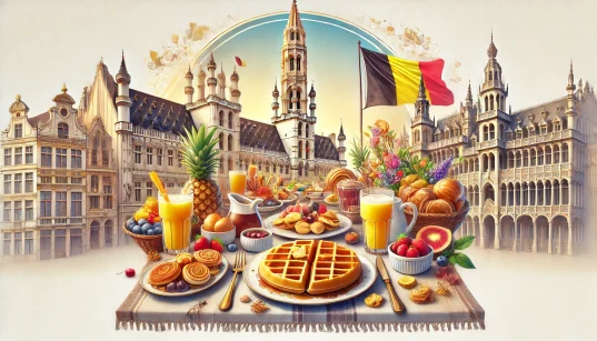 brunch table with Belgian waffles, pastries, and fresh fruit, set against Brussels architecture with a small Belgian flag in the background.