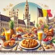 brunch table with Belgian waffles, pastries, and fresh fruit, set against Brussels architecture with a small Belgian flag in the background.